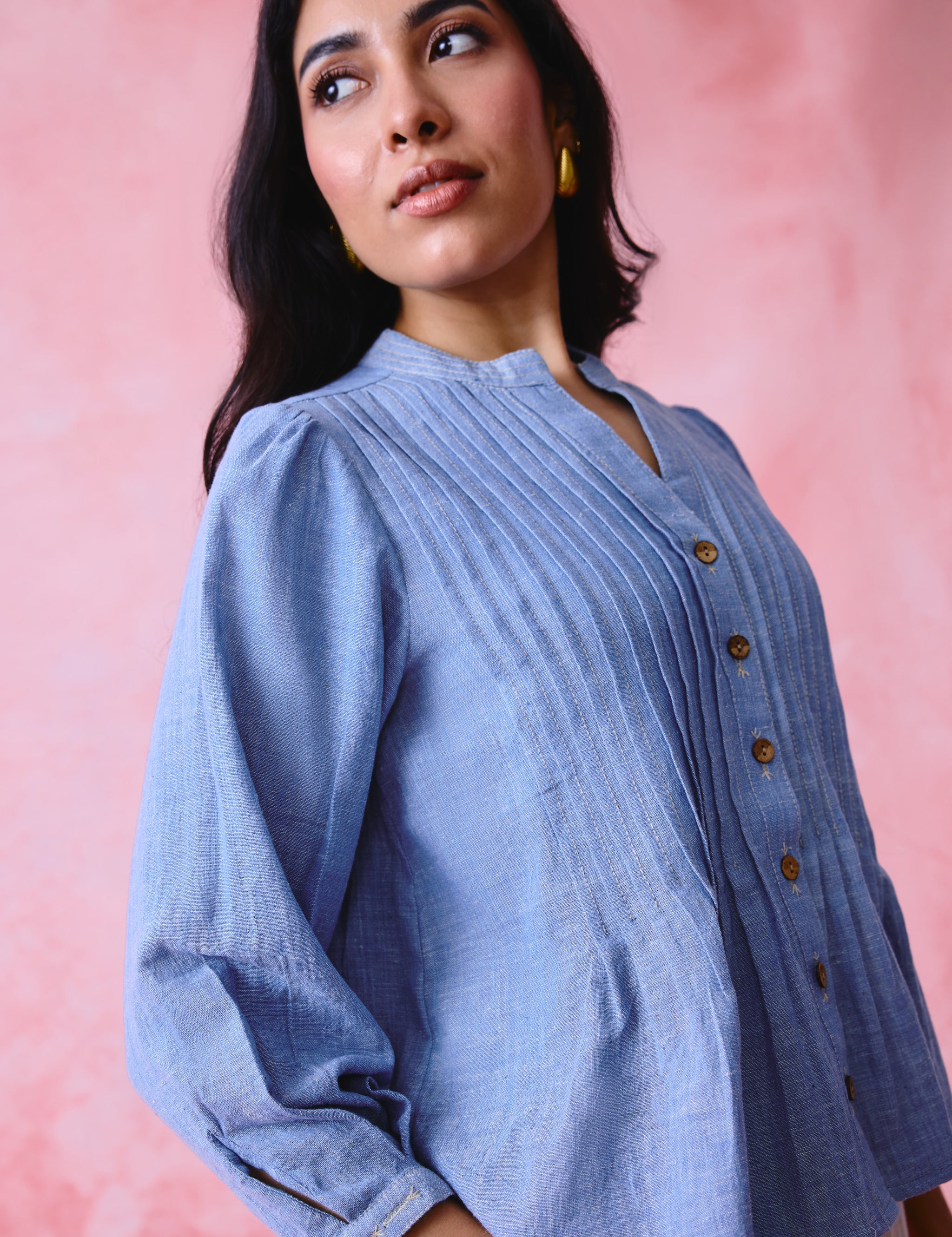 Soft Blue Khadi Pleated Button-Front Tunic with Hand-Embroidered Buttonholes