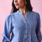 Soft Blue Khadi Pleated Button-Front Tunic with Hand-Embroidered Buttonholes