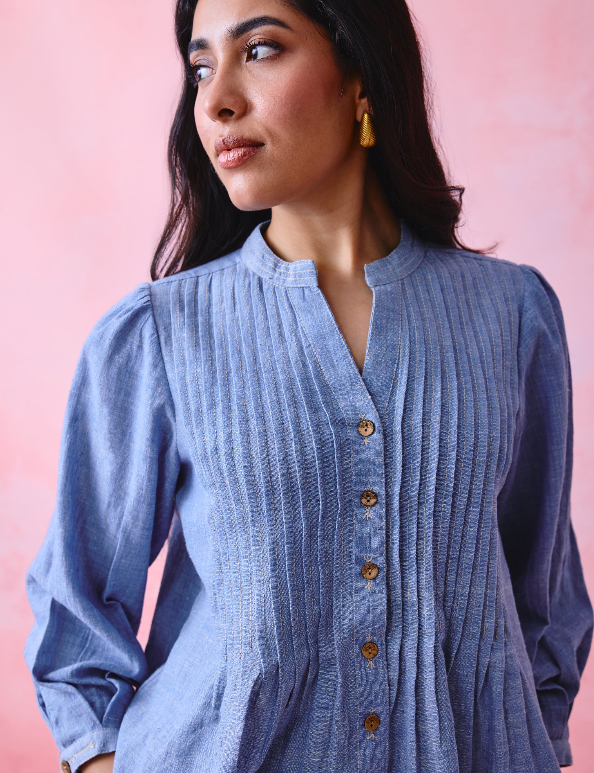 Soft Blue Khadi Pleated Button-Front Tunic with Hand-Embroidered Buttonholes