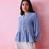 Soft Blue Khadi Pleated Button-Front Tunic with Hand-Embroidered Buttonholes
