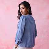 Soft Blue Khadi Pleated Button-Front Tunic with Hand-Embroidered Buttonholes
