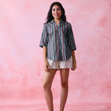 Teal Blue Collared Shirt with Blue & Maroon Stripe Block Print and Turn-Up Sleeves