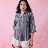 Teal Blue Collared Shirt with Blue & Maroon Stripe Block Print and Turn-Up Sleeves