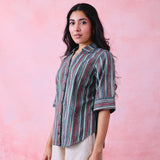 Teal Blue Collared Shirt with Blue & Maroon Stripe Block Print and Turn-Up Sleeves