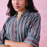 Teal Blue Collared Shirt with Blue & Maroon Stripe Block Print and Turn-Up Sleeves