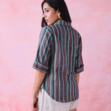 Teal Blue Collared Shirt with Blue & Maroon Stripe Block Print and Turn-Up Sleeves