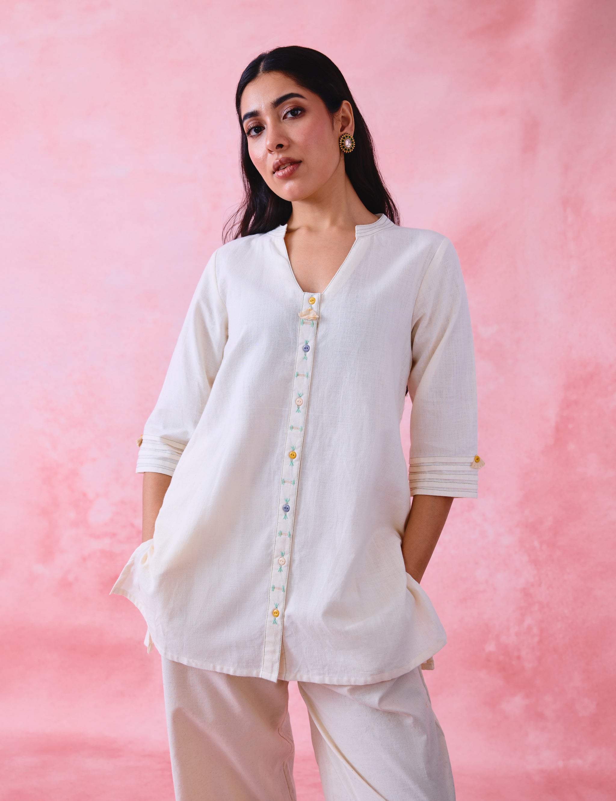 Coord Set Ivory Khadi High-Collar Kurta & Pathani Pant