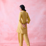 Yellow Mangalgiri Cotton Princess-Line V-Neck Kurta & Pant Co-ord Set with Contrast Topstitch