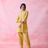 Yellow Mangalgiri Cotton Princess-Line V-Neck Kurta & Pant Co-ord Set with Contrast Topstitch
