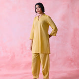 Yellow Mangalgiri Cotton Princess-Line V-Neck Kurta & Pant Co-ord Set with Contrast Topstitch
