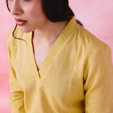Yellow Mangalgiri Cotton Princess-Line V-Neck Kurta & Pant Co-ord Set with Contrast Topstitch