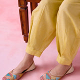 Yellow Mangalgiri Cotton Princess-Line V-Neck Kurta & Pant Co-ord Set with Contrast Topstitch