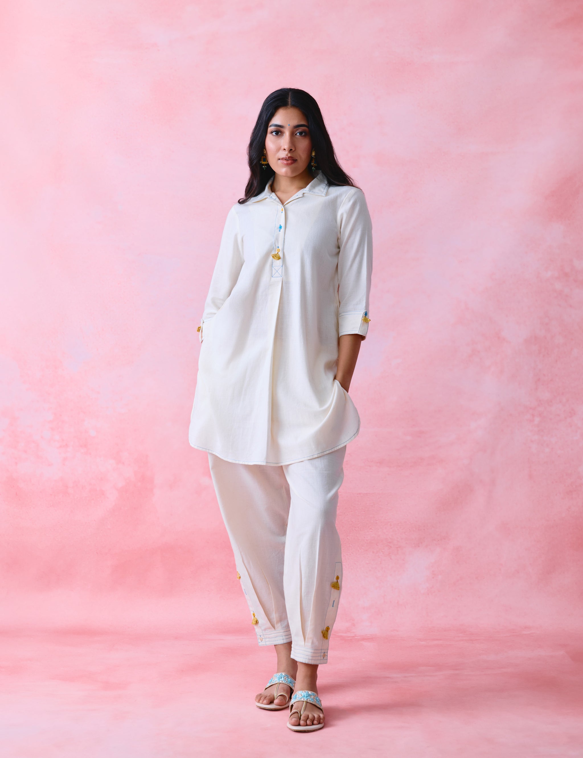 Ivory Khadi Long Shirt & Pathani Pant Co-ord Set