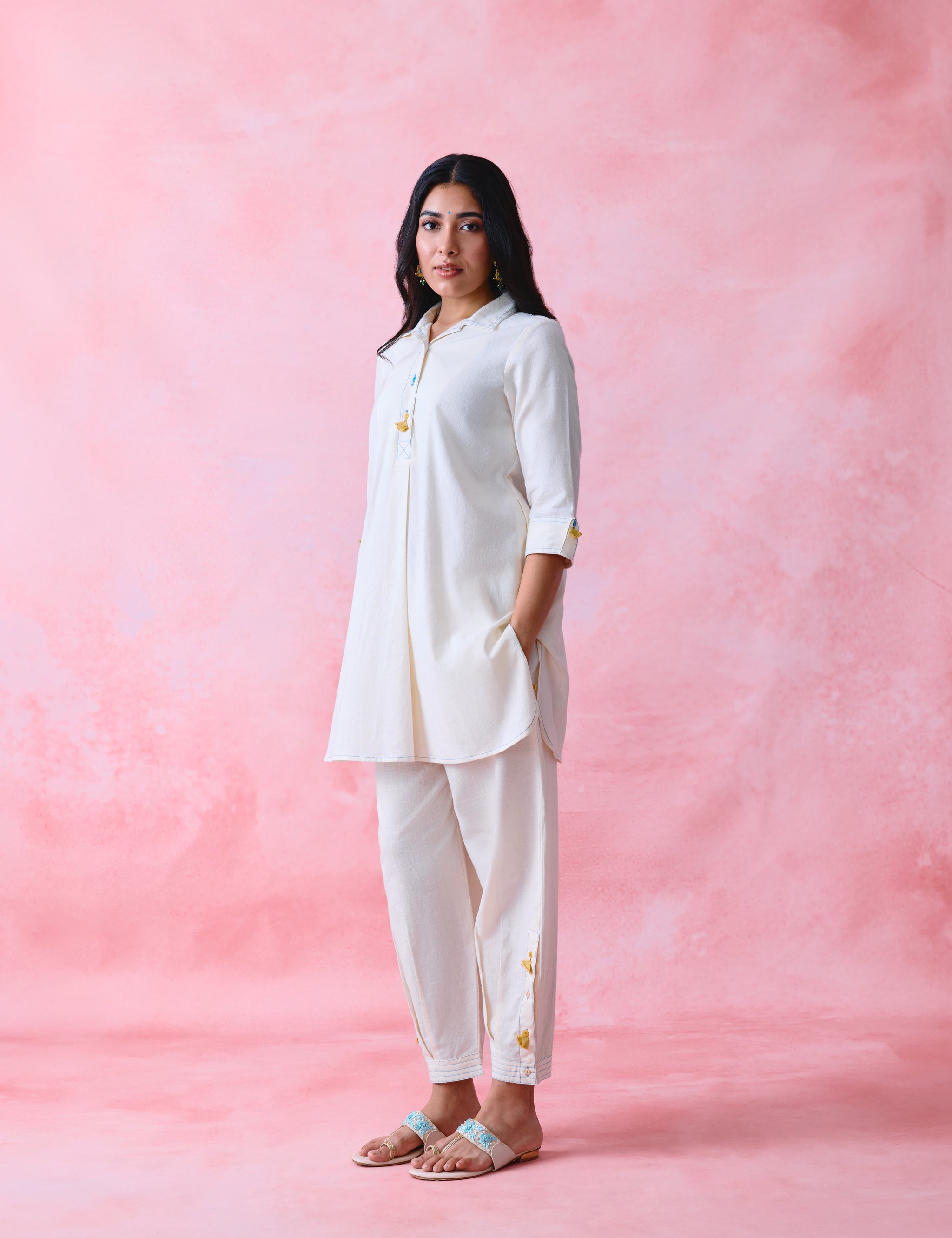 Ivory Khadi Long Shirt & Pathani Pant Co-ord Set
