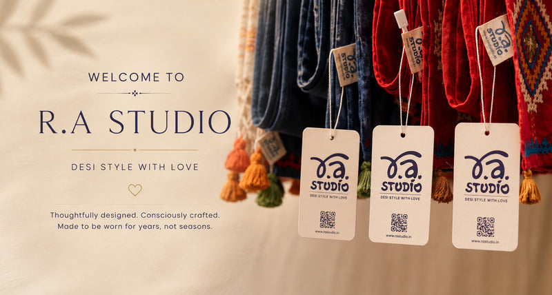 R.A Studio welcome sign beside garments with the label’s clothing tags