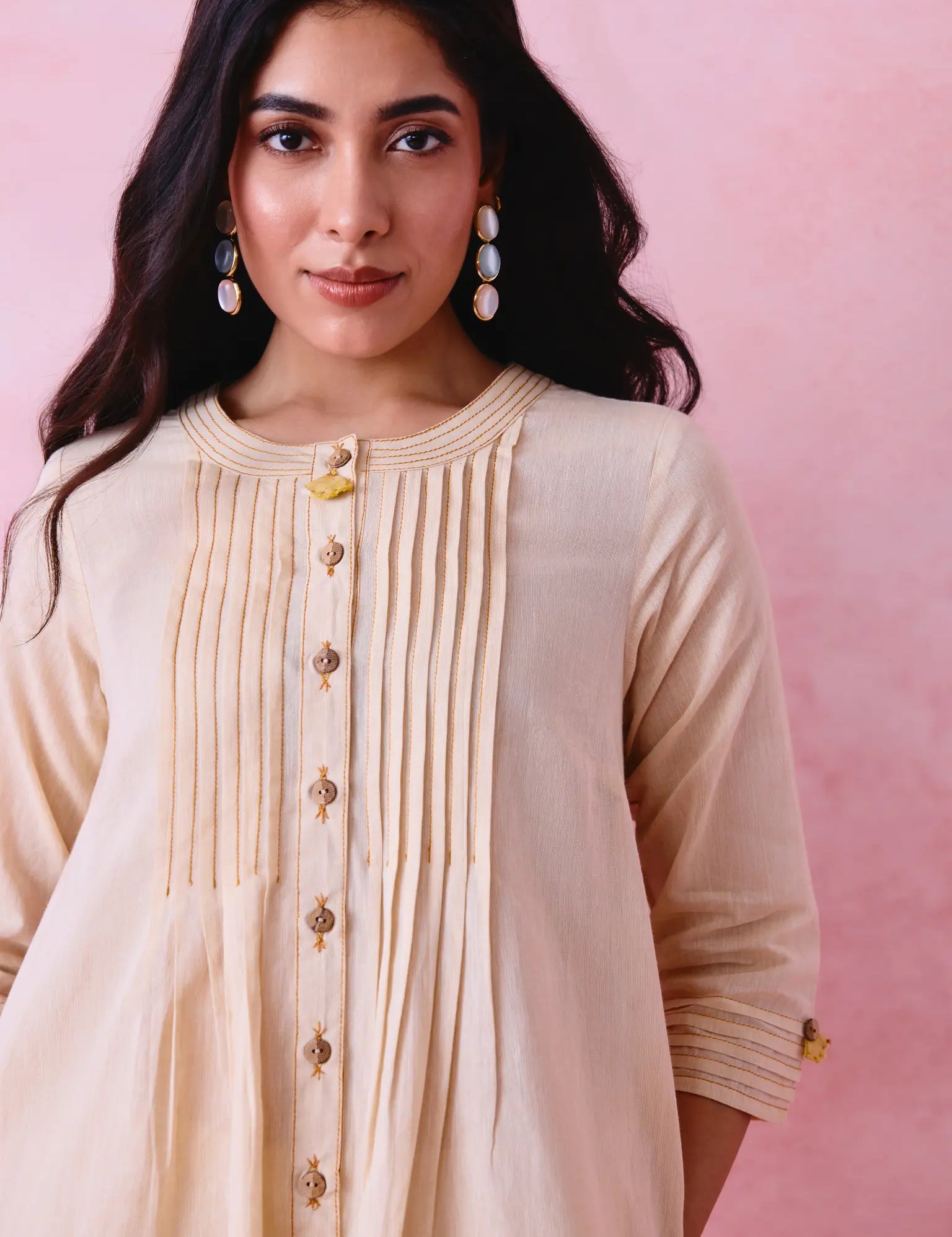  Beige button-detail kurta set