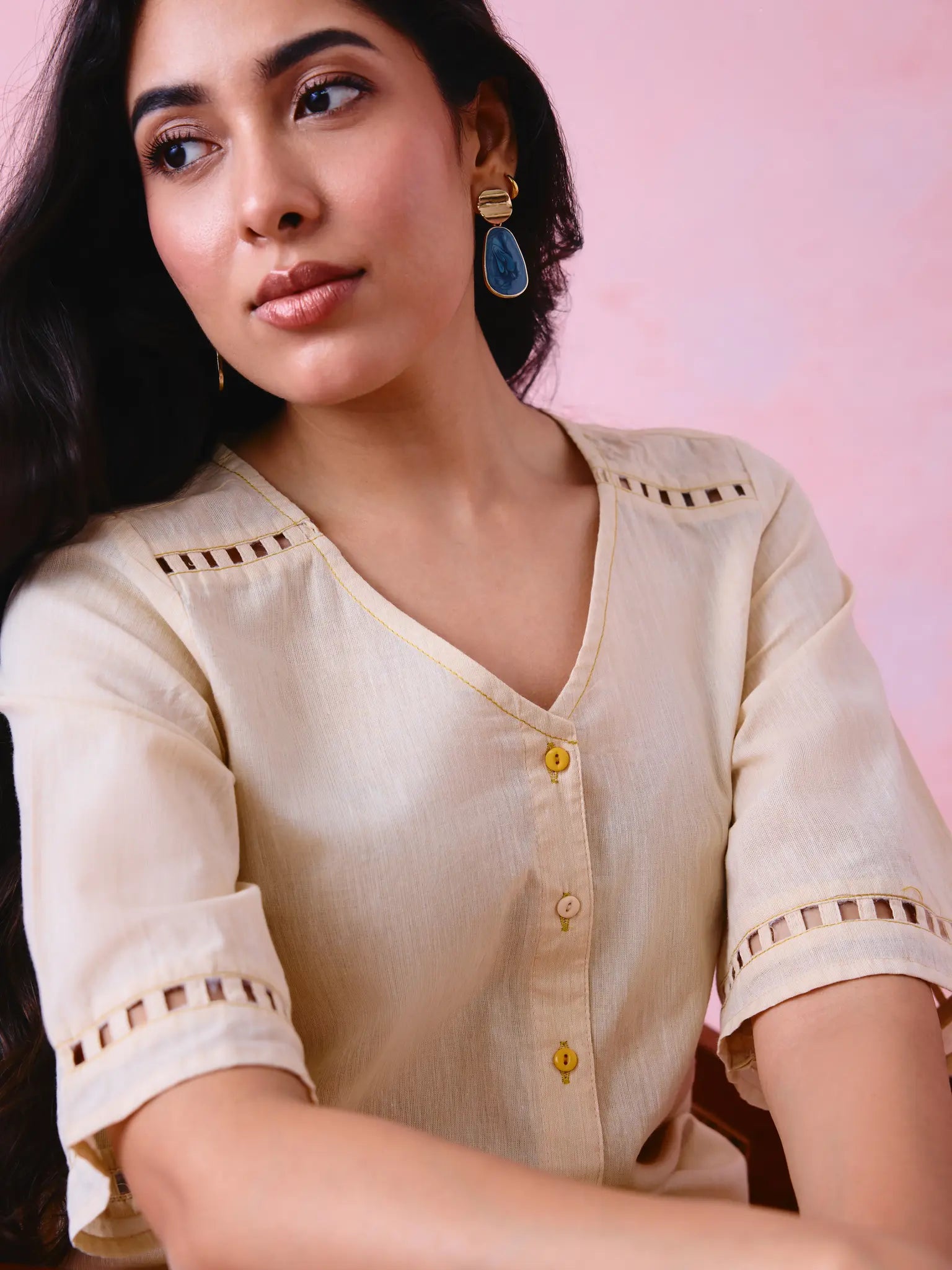Beige cotton Mangalgiri co-ord with a front-open mid-length kurta and straight pants, both with slot detailing.