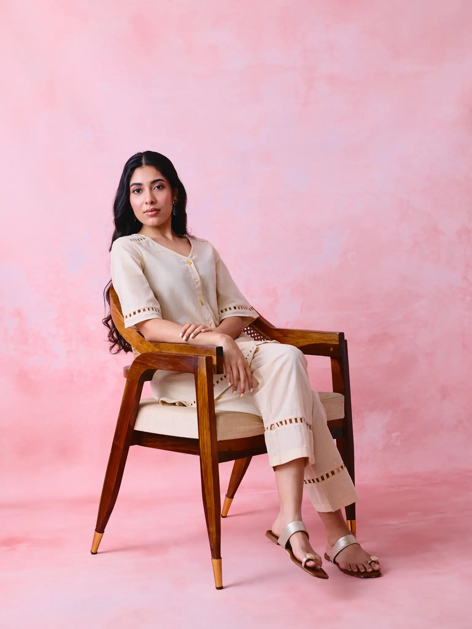 Beige cotton Mangalgiri co-ord with a front-open mid-length kurta and straight pants, both with slot detailing.