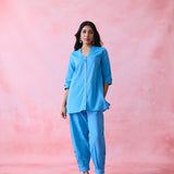 Blue cotton Mangalgiri kurta and pant co-ord with multicolour buttons, hand embroidery and cotton-bell details.