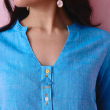 Blue cotton Mangalgiri kurta and pant co-ord with multicolour buttons, hand embroidery and cotton-bell details.