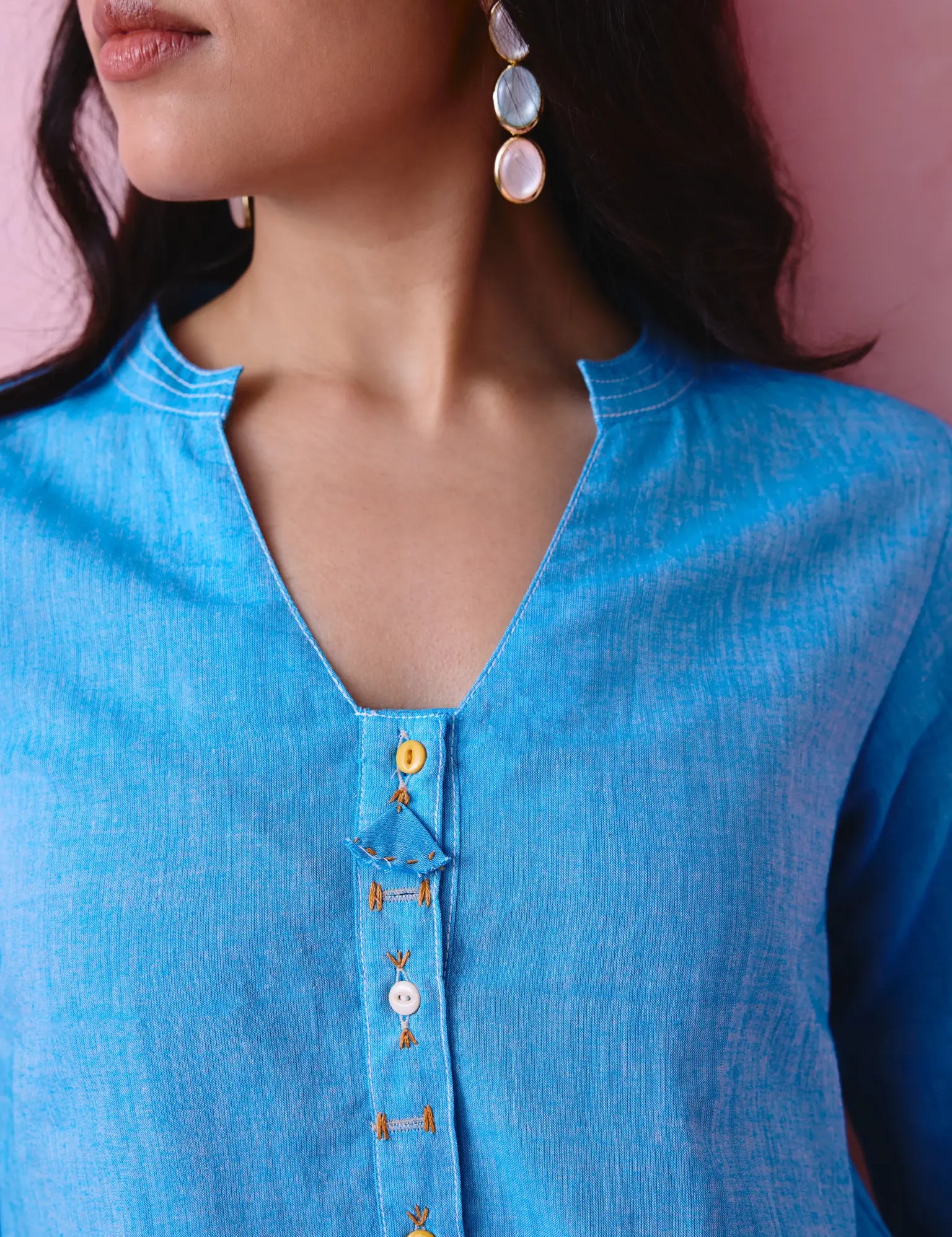 Blue multicolour button kurta for women