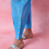 Blue cotton Mangalgiri kurta and pant co-ord with multicolour buttons, hand embroidery and cotton-bell details.