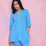 Blue cotton Mangalgiri kurta and pant co-ord with multicolour buttons, hand embroidery and cotton-bell details.