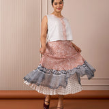 Ivory block print top and rust red mulmul skirt co-ord set