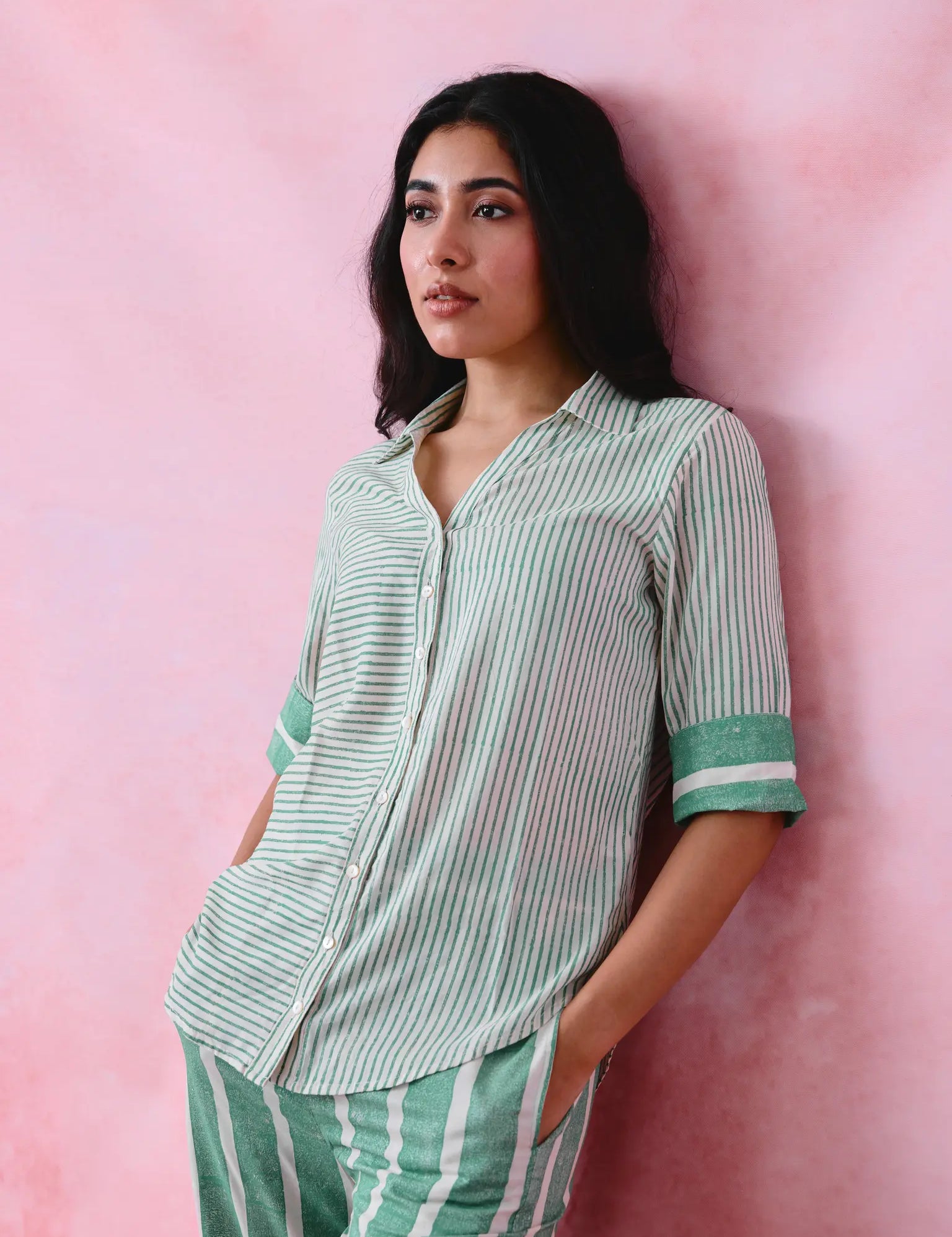 Women’s green flared co-ord shirt 