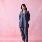 Grey cotton Mangalgiri kurta and pant co-ord with hand embroidery, multicolour buttons and cotton-bell details.
