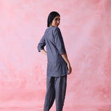 Grey cotton Mangalgiri kurta and pant co-ord with hand embroidery, multicolour buttons and cotton-bell details.