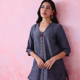 Grey cotton Mangalgiri kurta and pant co-ord with hand embroidery, multicolour buttons and cotton-bell details.