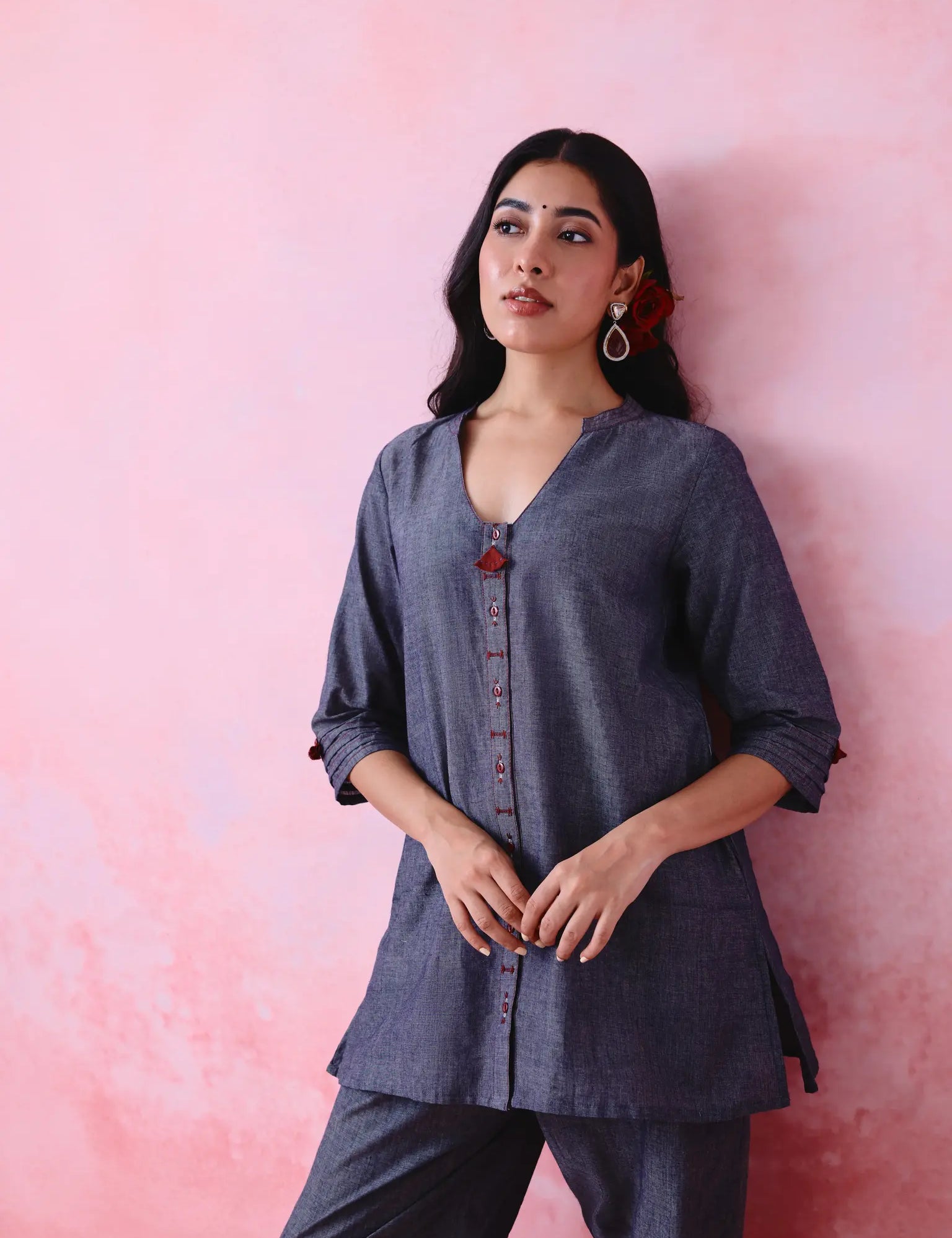 Grey hand-embroidered kurta for women