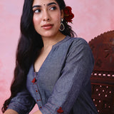 Grey cotton Mangalgiri kurta and pant co-ord with hand embroidery, multicolour buttons and cotton-bell details.
