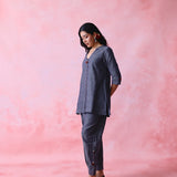 Grey cotton Mangalgiri kurta and pant co-ord with hand embroidery, multicolour buttons and cotton-bell details.