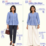 How to style RA Studio's blue Khadi tunic: navy cotton trousers and oxblood loafers for work, or ivory handloom silk trousers and silver slingbacks for an evening out.