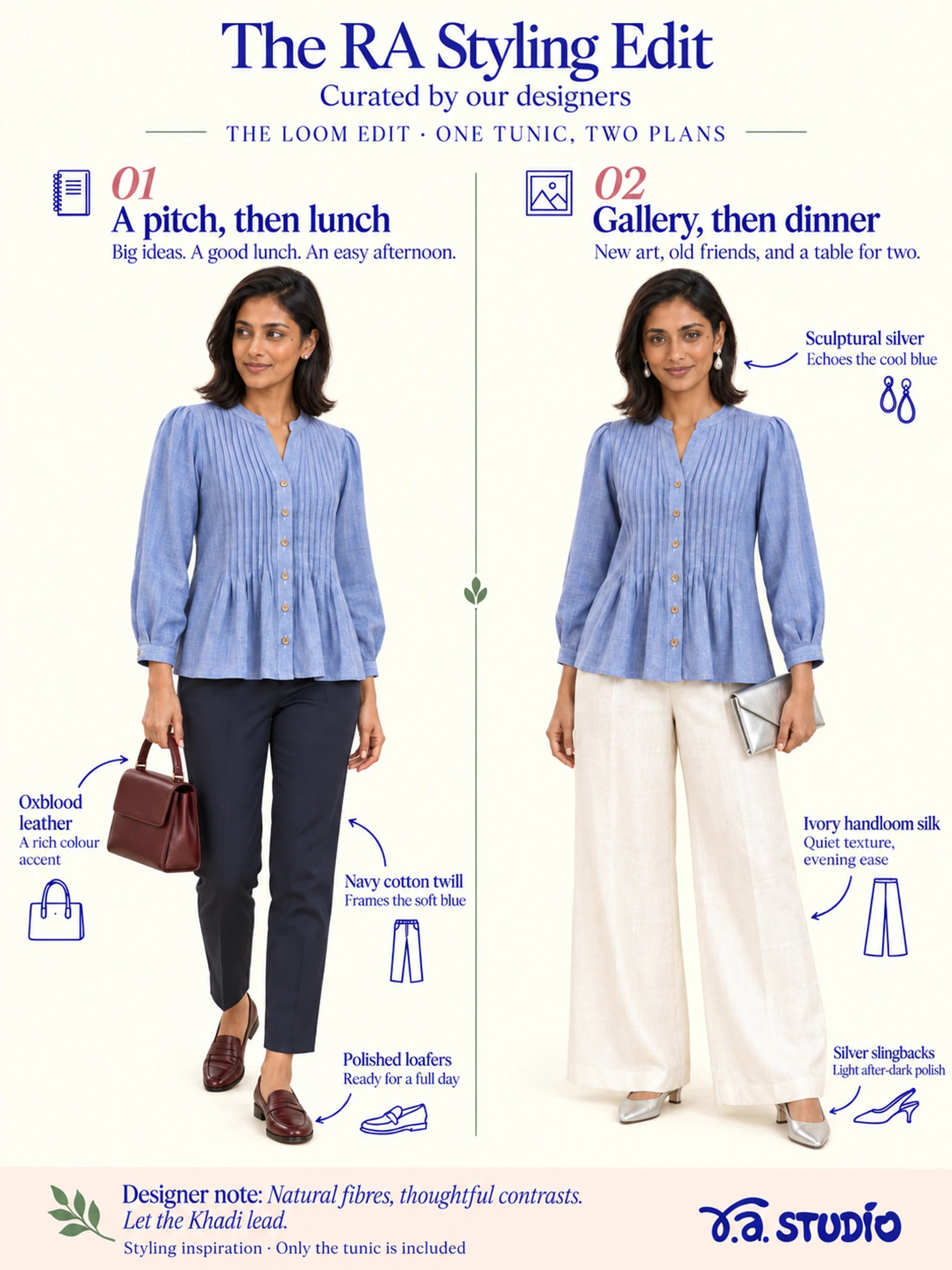 How to style RA Studio's blue Khadi tunic: navy cotton trousers and oxblood loafers for work, or ivory handloom silk trousers and silver slingbacks for an evening out.