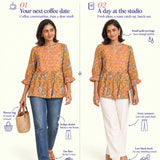 RA Studio mustard and pink Sanganeri cotton Angrakha tunic styled with denim for a coffee date and ivory trousers for a creative workday.
