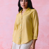 Yellow cotton Mangalgiri yoke shirt with multicolour button detailing.