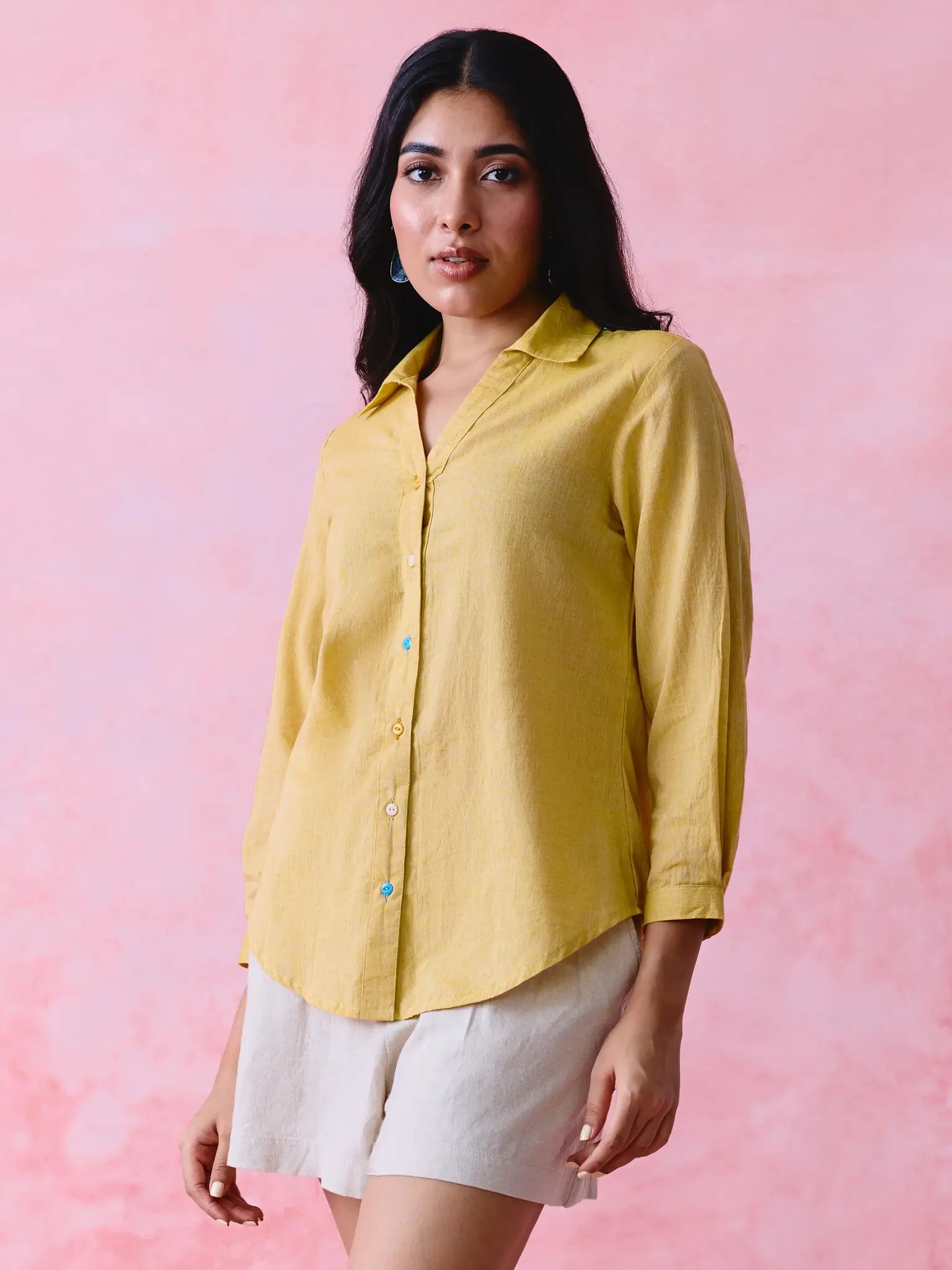 Yellow cotton Mangalgiri yoke shirt with multicolour button detailing.