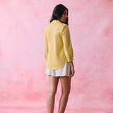 Yellow cotton Mangalgiri yoke shirt with multicolour button detailing.