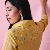 Yellow cotton Mangalgiri yoke shirt with multicolour button detailing.
