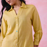 Yellow cotton Mangalgiri yoke shirt with multicolour button detailing.