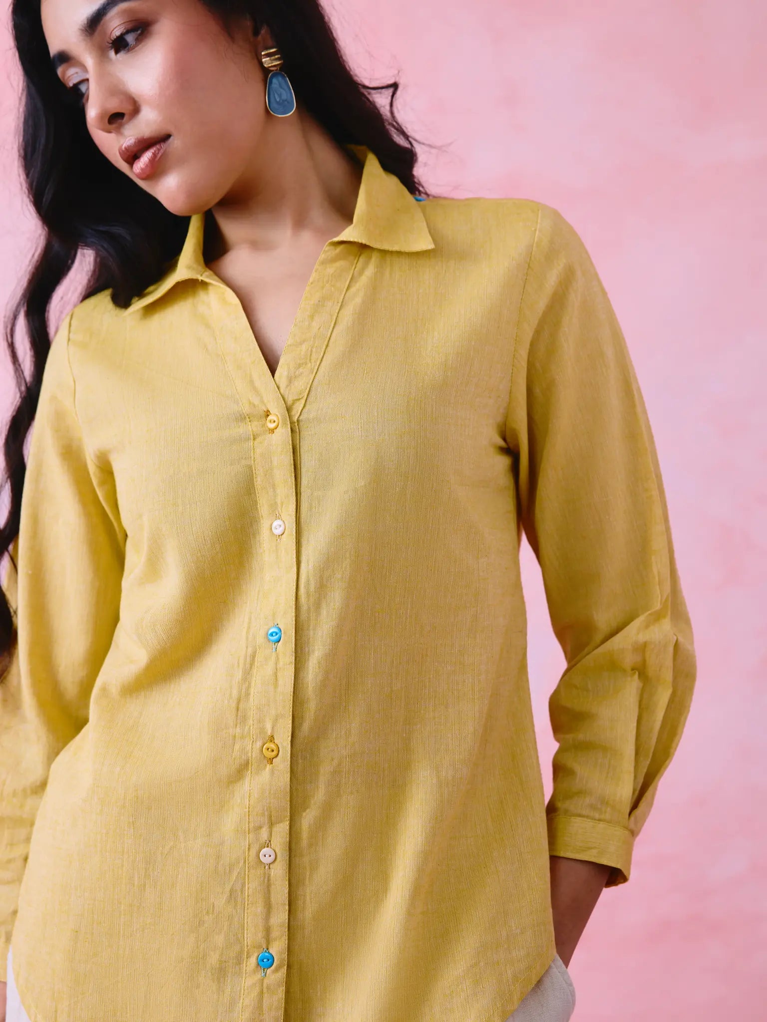 Yellow cotton Mangalgiri yoke shirt with multicolour button detailing.
