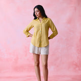 Yellow cotton Mangalgiri yoke shirt with multicolour button detailing.