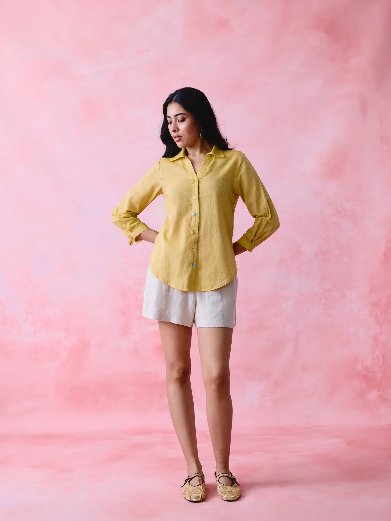 Yellow cotton Mangalgiri yoke shirt with multicolour button detailing.