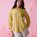 Yellow cotton Mangalgiri yoke shirt with multicolour button detailing.