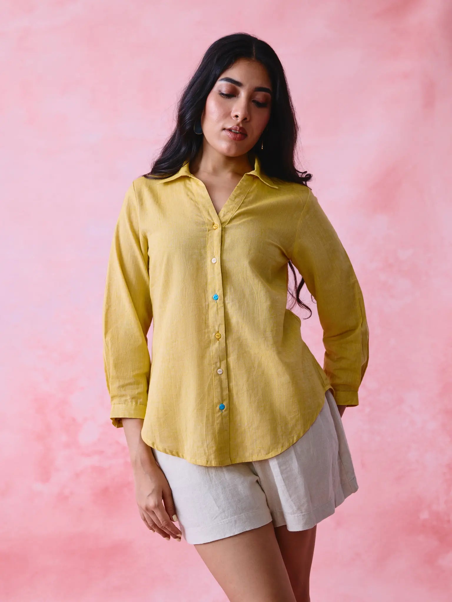 Yellow cotton Mangalgiri yoke shirt with multicolour button detailing.