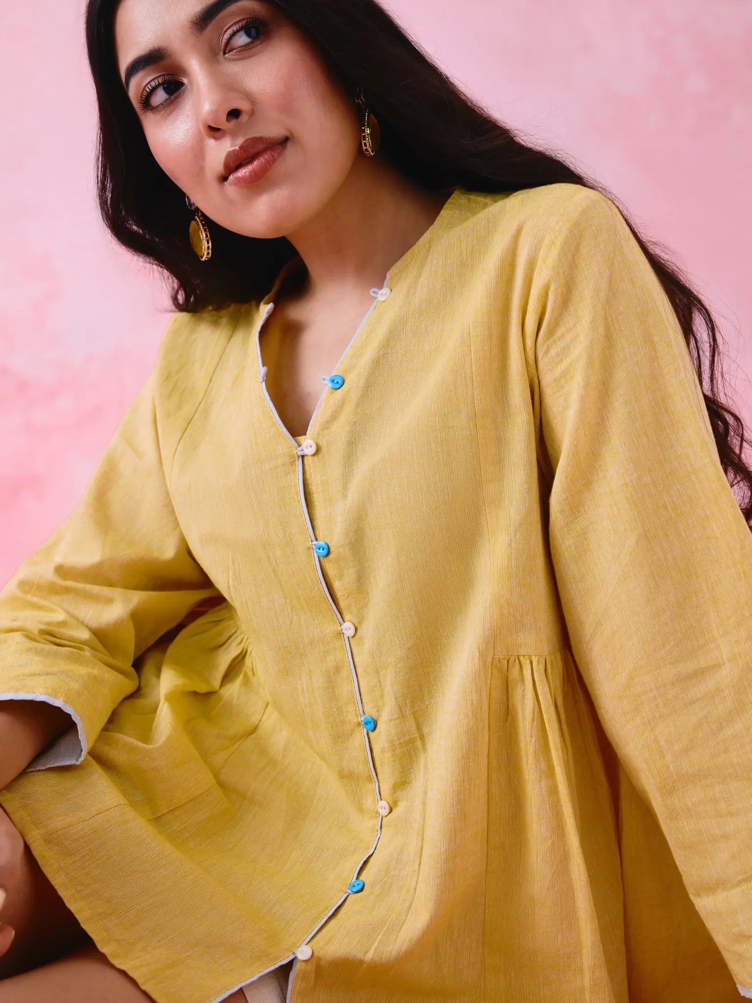 Yellow cotton Mangalgiri tunic with side gathers, front loop buttons and contrasting grey trim.