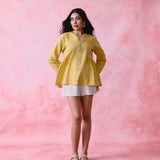 Yellow cotton Mangalgiri tunic with side gathers, front loop buttons and contrasting grey trim.